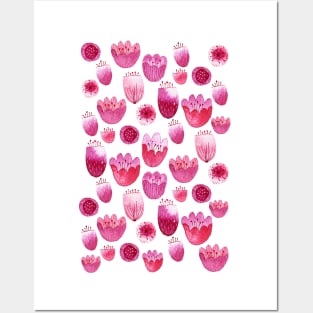 Pink Watercolor Flowers and Blossoms Posters and Art